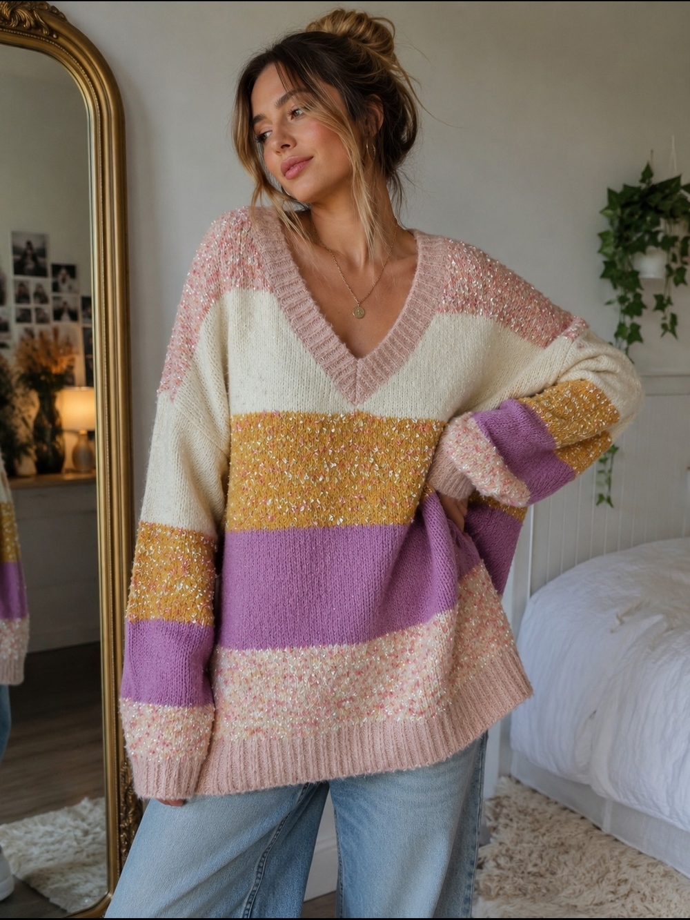 entro Colorblock V-Neck Sweater in Pink, Cream, Gold & Purple